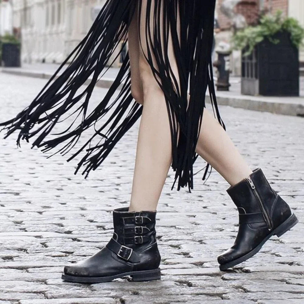 $389 Veronica Short Belted Cognac Leather Fringe Moto Vintage Combat Ankle Boot - Picture 6 of 16